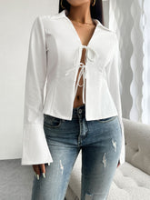Load image into Gallery viewer, Devine Slit Tied Collared Neck Long Sleeve Blouse