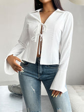 Load image into Gallery viewer, Devine Slit Tied Collared Neck Long Sleeve Blouse