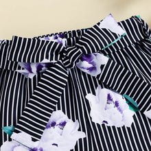 Load image into Gallery viewer, Girls Ribbed Cold-Shoulder Top and Mixed Print Belted Shorts Set