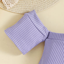 Load image into Gallery viewer, Girls Ribbed Cold-Shoulder Top and Mixed Print Belted Shorts Set