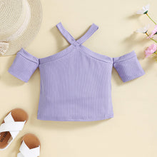 Load image into Gallery viewer, Girls Ribbed Cold-Shoulder Top and Mixed Print Belted Shorts Set