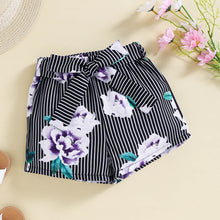 Load image into Gallery viewer, Girls Ribbed Cold-Shoulder Top and Mixed Print Belted Shorts Set