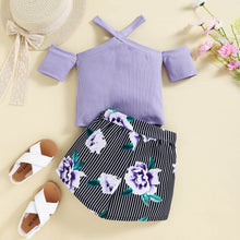 Load image into Gallery viewer, Girls Ribbed Cold-Shoulder Top and Mixed Print Belted Shorts Set