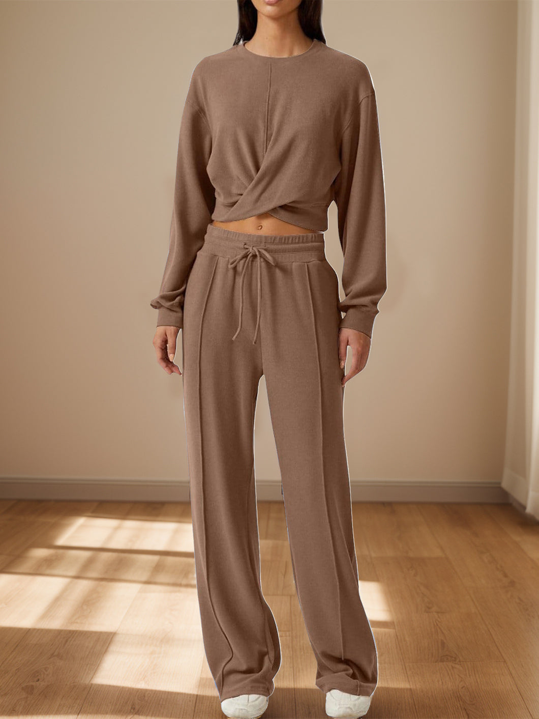 Cross You Round Neck Top and Drawstring Pants Set