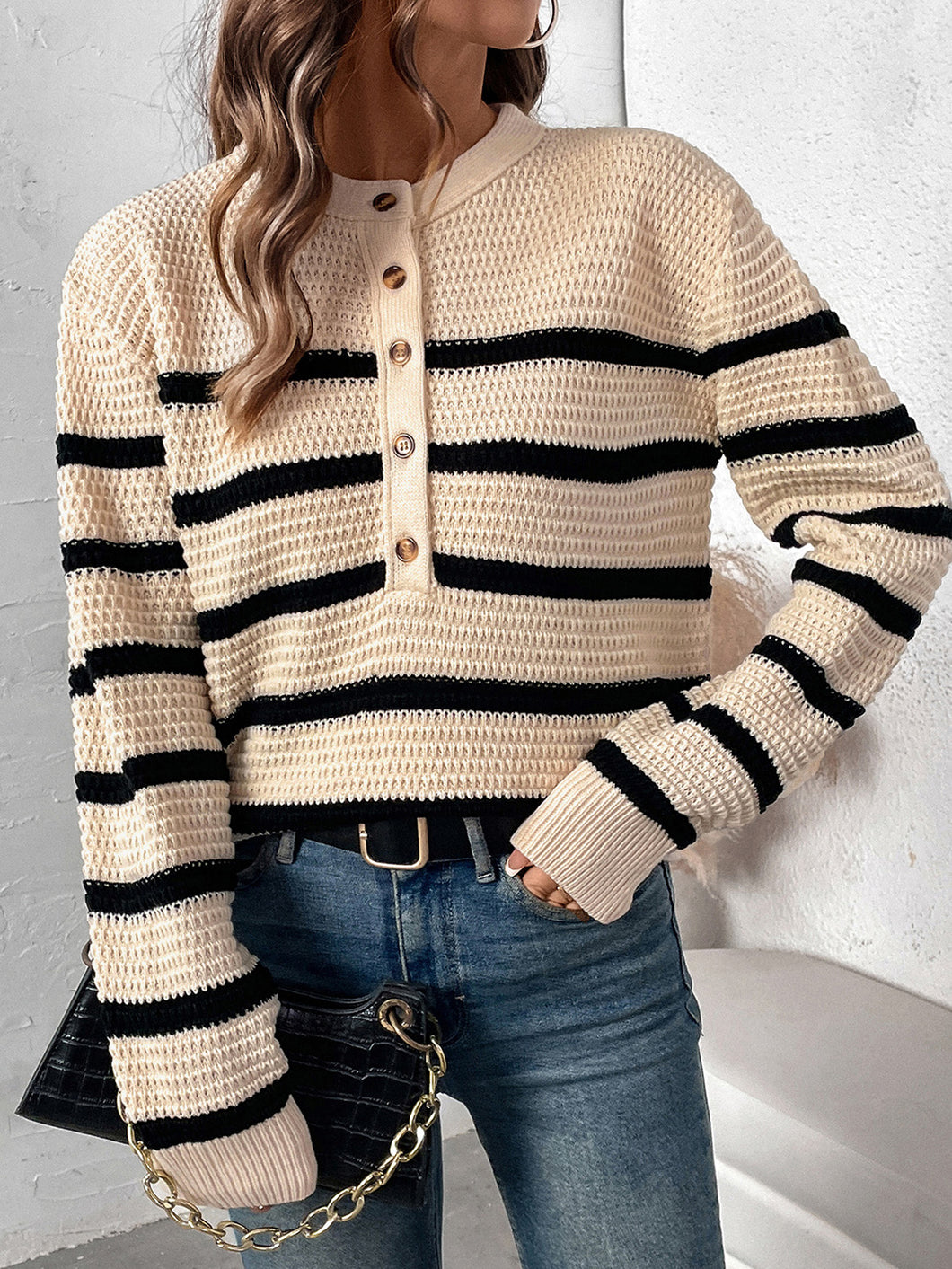 Always Here Striped Half Button Long Sleeve Sweater