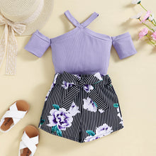 Load image into Gallery viewer, Girls Ribbed Cold-Shoulder Top and Mixed Print Belted Shorts Set
