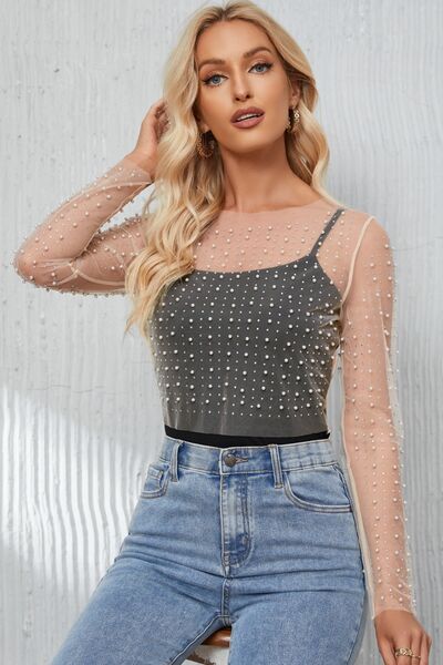 Pearly Girlie Mesh Cropped Top