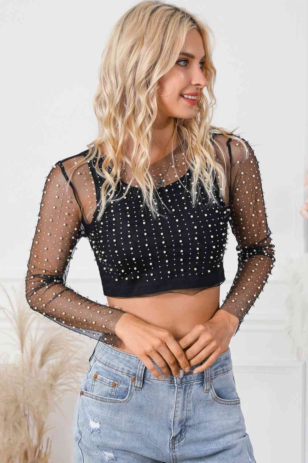 Pearly Girlie Mesh Cropped Top